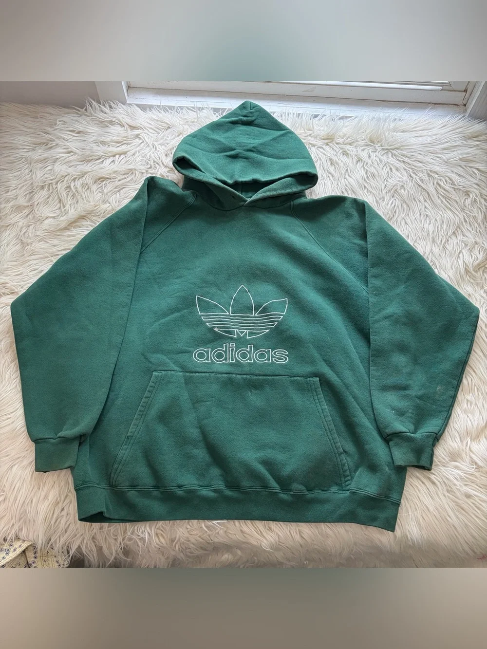 Vintage 90s Adidas Forest Green Heavy Weight Trefoil Embroidered Hoodie Size XL